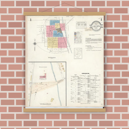 Old map wall art mockup — magnetic wood frame on brick wall — Sanborn Fire Insurance Map from Yellow Springs, Greene County, Ohio (1945) - Complete Map Set