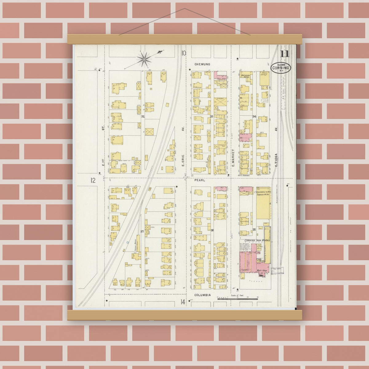 Old map wall art mockup — magnetic wood frame on brick wall — Sanborn Fire Insurance Map from Corning, Steuben County, New York (1898), Sheet #0011
