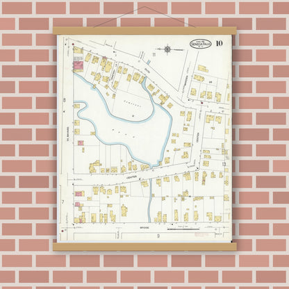 Old map wall art mockup — magnetic wood frame on brick wall — Sanborn Fire Insurance Map from Seneca Falls, Seneca County, New York (1916), Sheet #0010