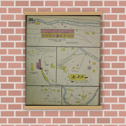 Old map wall art mockup — magnetic wood frame on brick wall — Sanborn Fire Insurance Map from Akron, Summit County, Ohio (1892), Sheet #0035