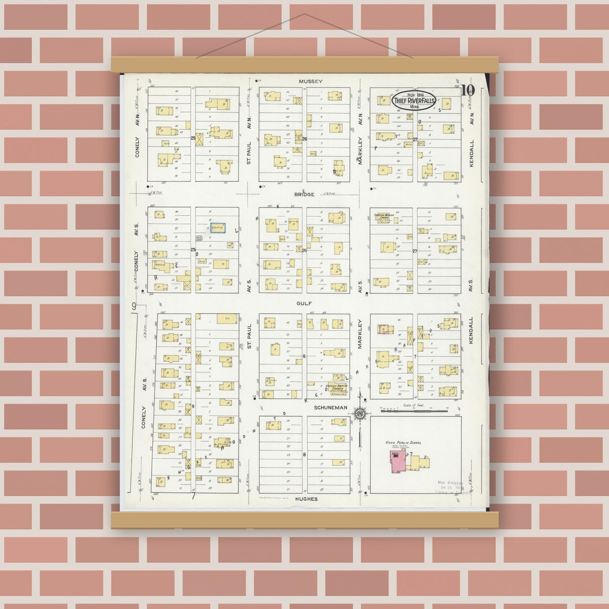 Old map wall art mockup — magnetic wood frame on brick wall — Sanborn Fire Insurance Map from Thief River Falls, Pennington County, Minnesota (1916), Sheet #0010