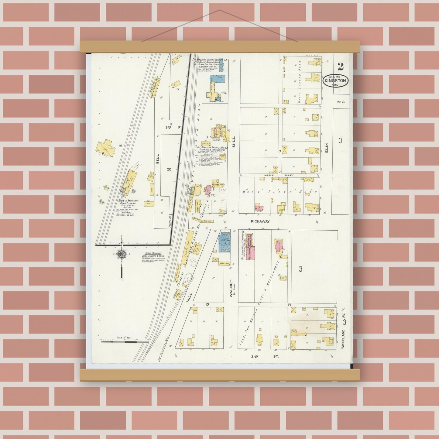 Old map wall art mockup — magnetic wood frame on brick wall — Sanborn Fire Insurance Map from Kingston, Ross County, Ohio (1915), Sheet #0002