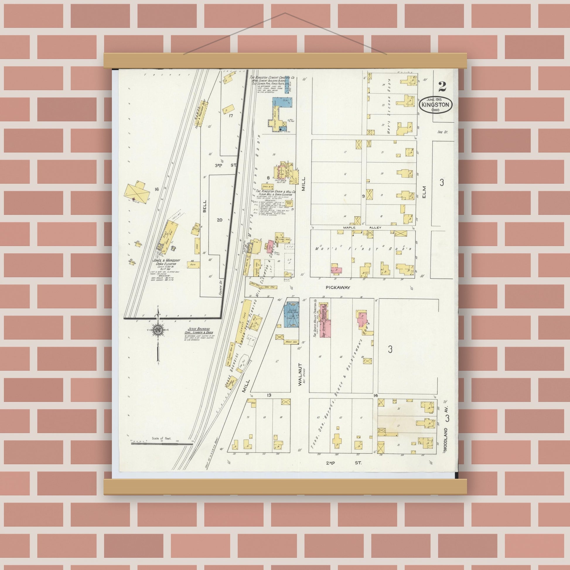 Old map wall art mockup — magnetic wood frame on brick wall — Sanborn Fire Insurance Map from Kingston, Ross County, Ohio (1915), Sheet #0002