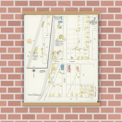 Old map wall art mockup — magnetic wood frame on brick wall — Sanborn Fire Insurance Map from Kingston, Ross County, Ohio (1915), Sheet #0002