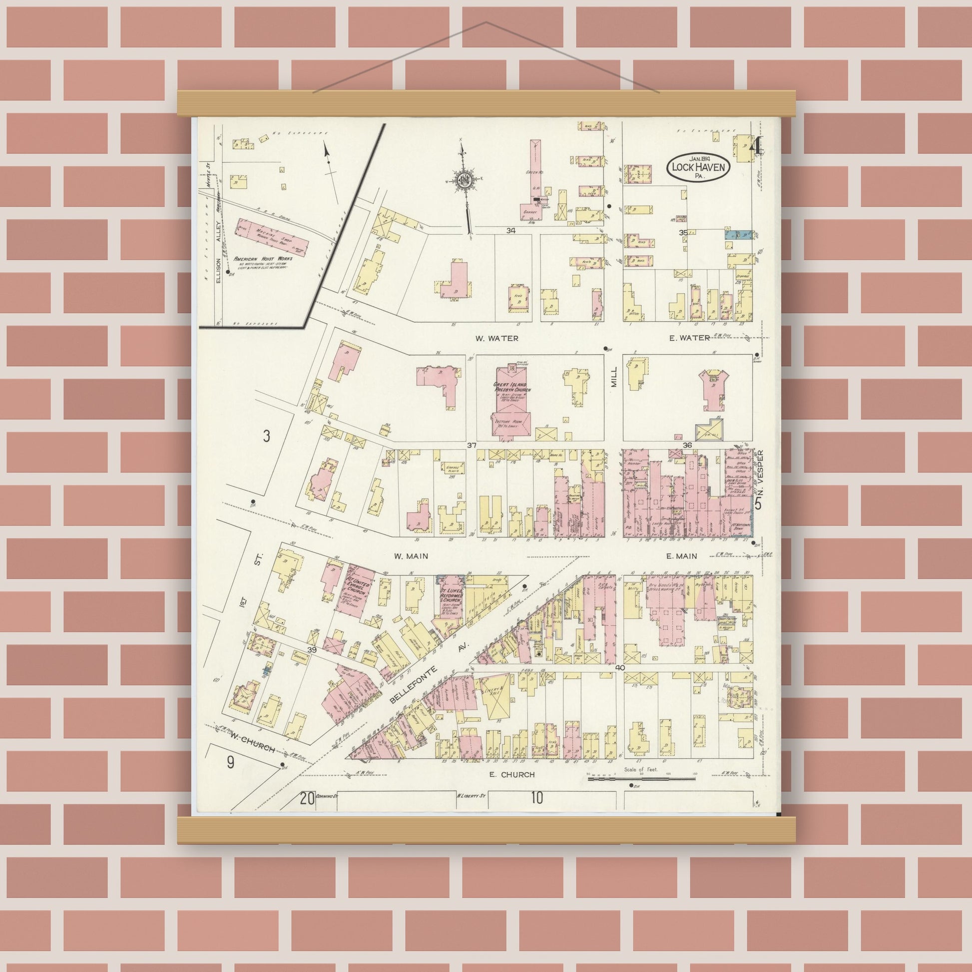 Old map wall art mockup — magnetic wood frame on brick wall — Sanborn Fire Insurance Map from Lock Haven, Clinton County, Pennsylvania (1914), Sheet #0004