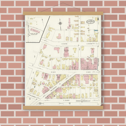 Old map wall art mockup — magnetic wood frame on brick wall — Sanborn Fire Insurance Map from Lock Haven, Clinton County, Pennsylvania (1914), Sheet #0004