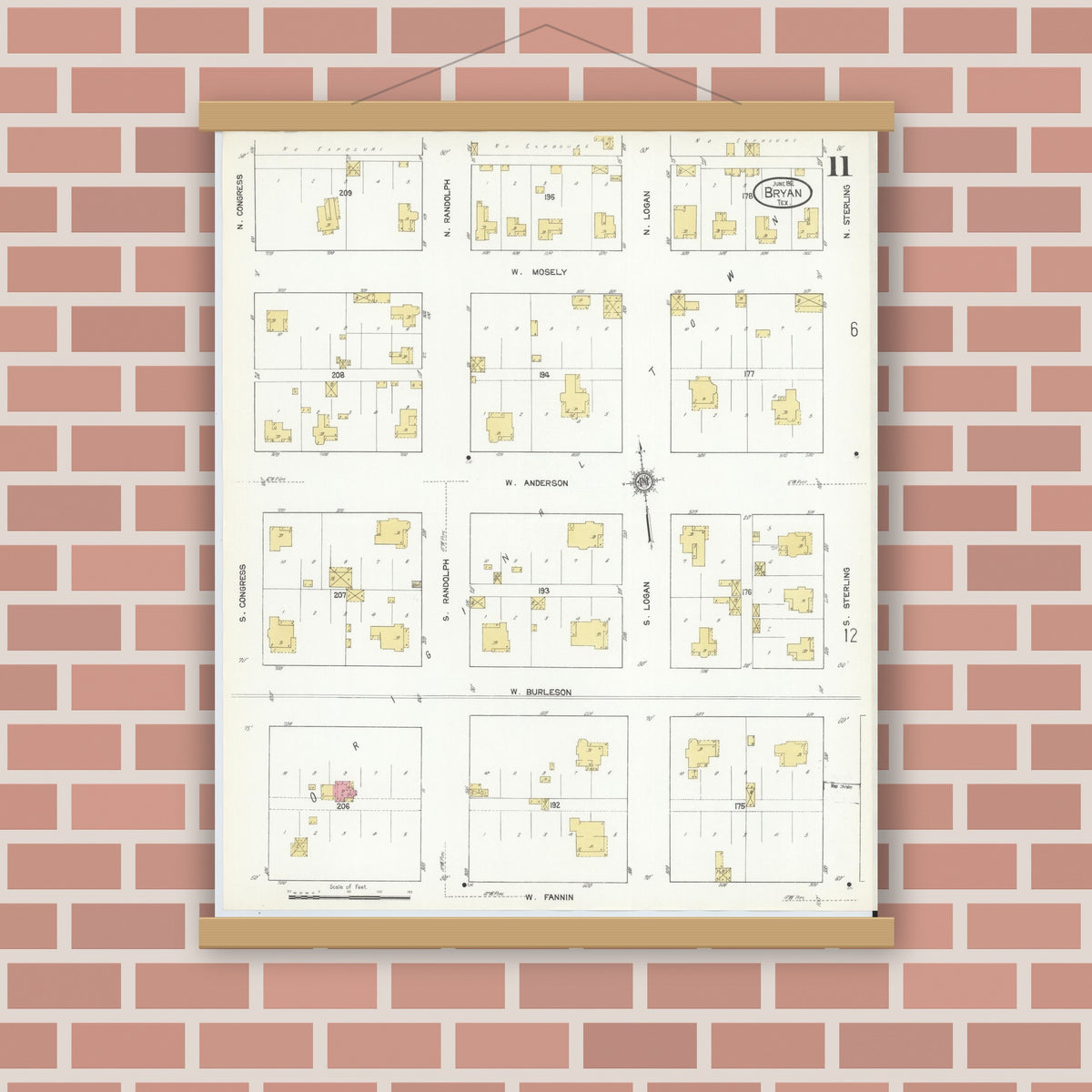 Old map wall art mockup — magnetic wood frame on brick wall — Sanborn Fire Insurance Map from Bryan, Brazos County, Texas (1912), Sheet #0011