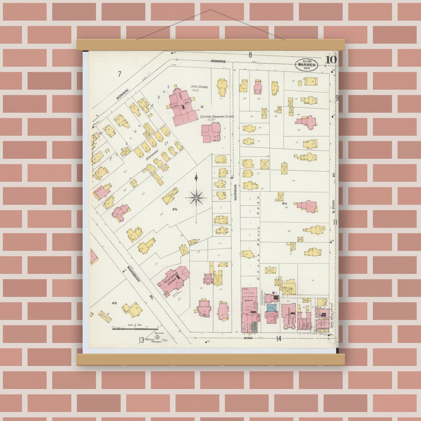 Old map wall art mockup — magnetic wood frame on brick wall — Sanborn Fire Insurance Map from Warren, Trumbull County, Ohio (1902), Sheet #0010