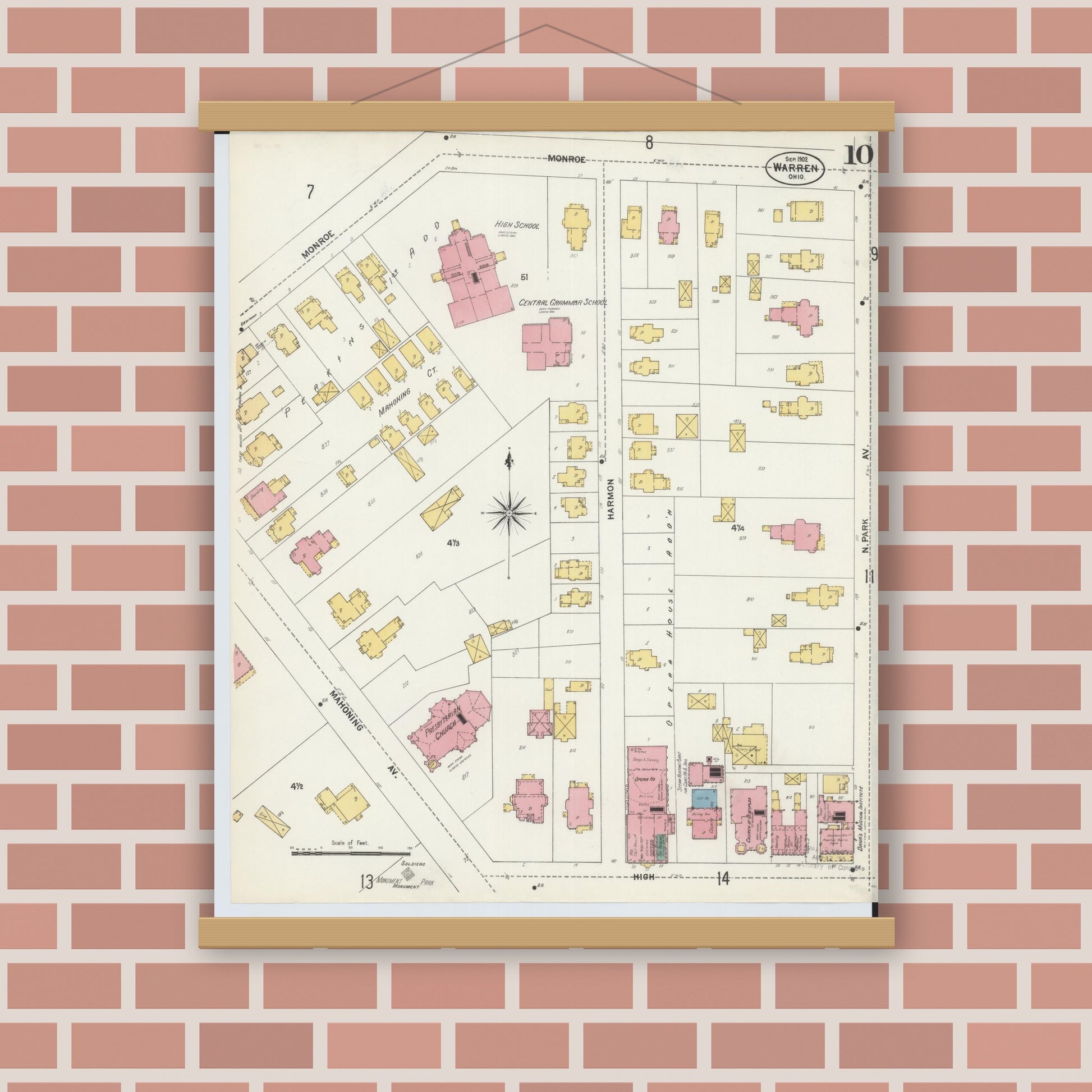 Old map wall art mockup — magnetic wood frame on brick wall — Sanborn Fire Insurance Map from Warren, Trumbull County, Ohio (1902), Sheet #0010