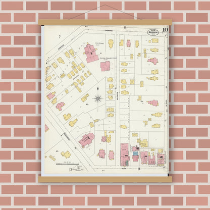 Old map wall art mockup — magnetic wood frame on brick wall — Sanborn Fire Insurance Map from Warren, Trumbull County, Ohio (1902), Sheet #0010