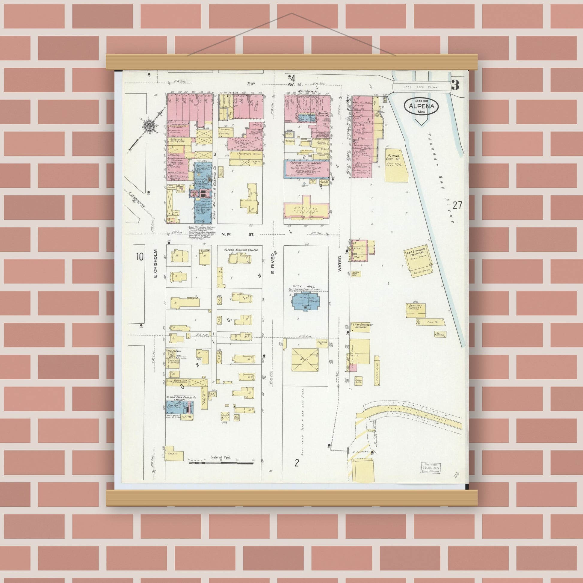 Old map wall art mockup — magnetic wood frame on brick wall — Sanborn Fire Insurance Map from Alpena, Alpena County, Michigan (1910), Sheet #0003