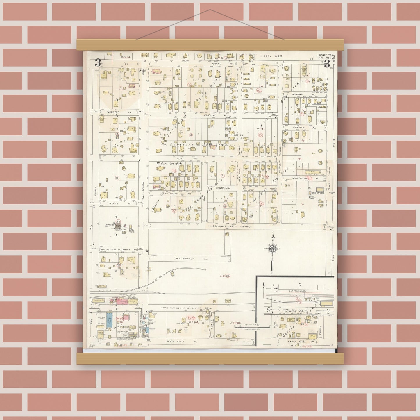 Old map wall art mockup — magnetic wood frame on brick wall — Sanborn Fire Insurance Map from Liberty, Liberty County, Texas (1945), Sheet #0003