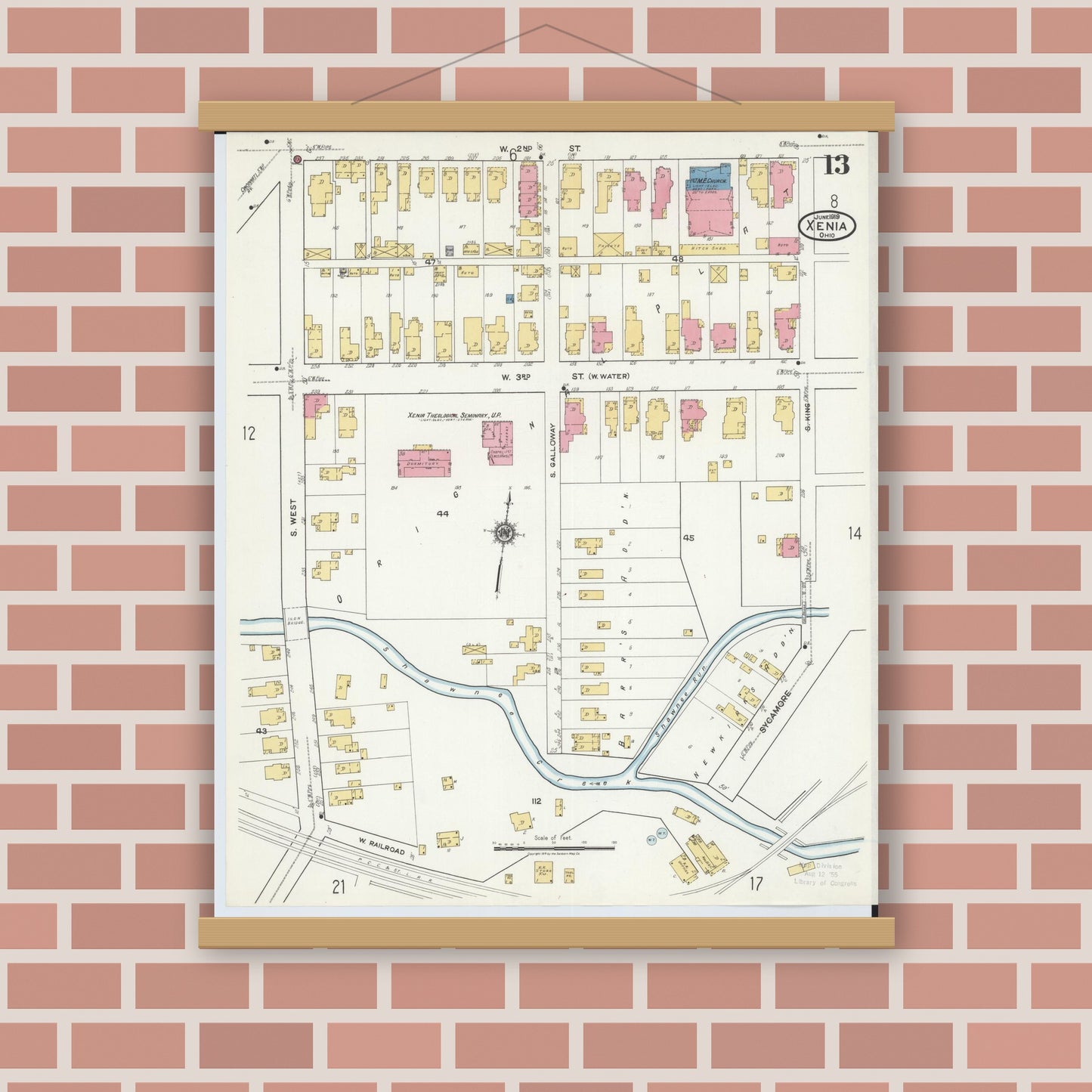 Old map wall art mockup — magnetic wood frame on brick wall — Sanborn Fire Insurance Map from Xenia, Greene County, Ohio (1919), Sheet #0013
