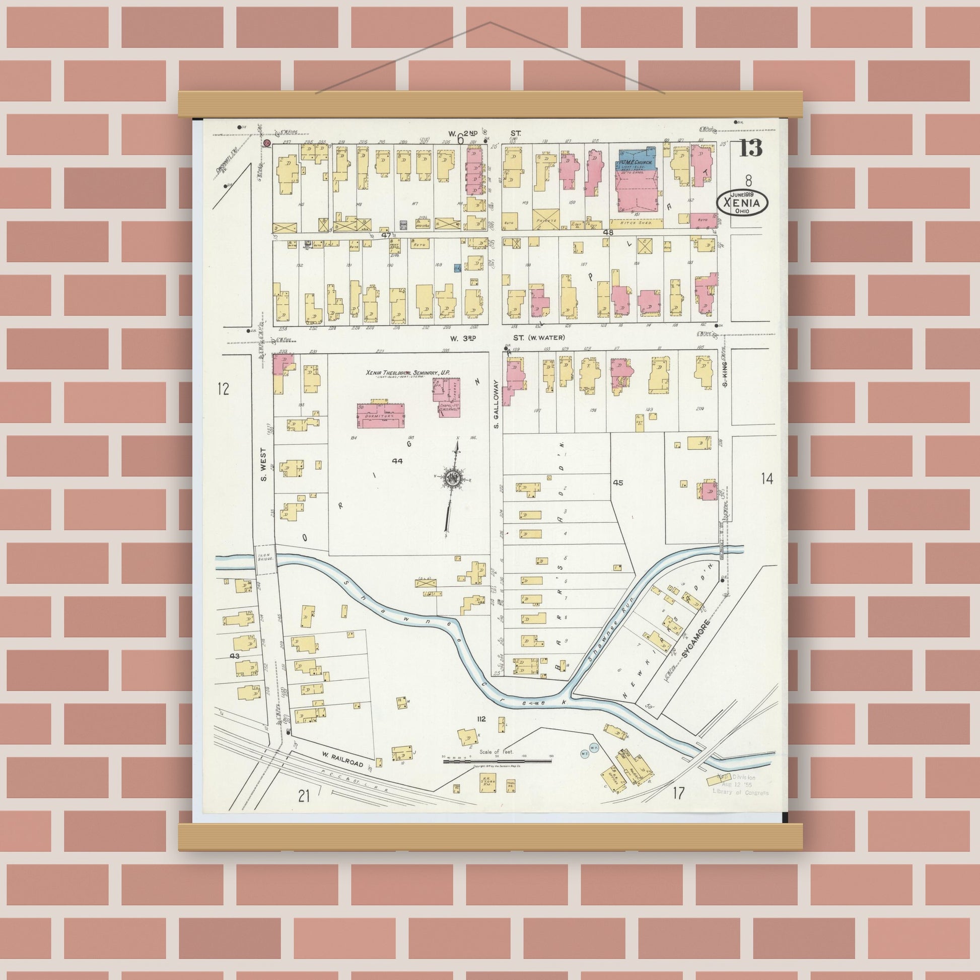 Old map wall art mockup — magnetic wood frame on brick wall — Sanborn Fire Insurance Map from Xenia, Greene County, Ohio (1919), Sheet #0013