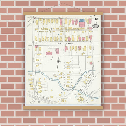 Old map wall art mockup — magnetic wood frame on brick wall — Sanborn Fire Insurance Map from Xenia, Greene County, Ohio (1919), Sheet #0013