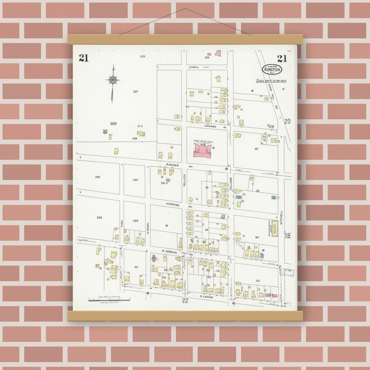 Old map wall art mockup — magnetic wood frame on brick wall — Sanborn Fire Insurance Map from Kinston, Lenoir County, North Carolina (1925), Sheet #0021