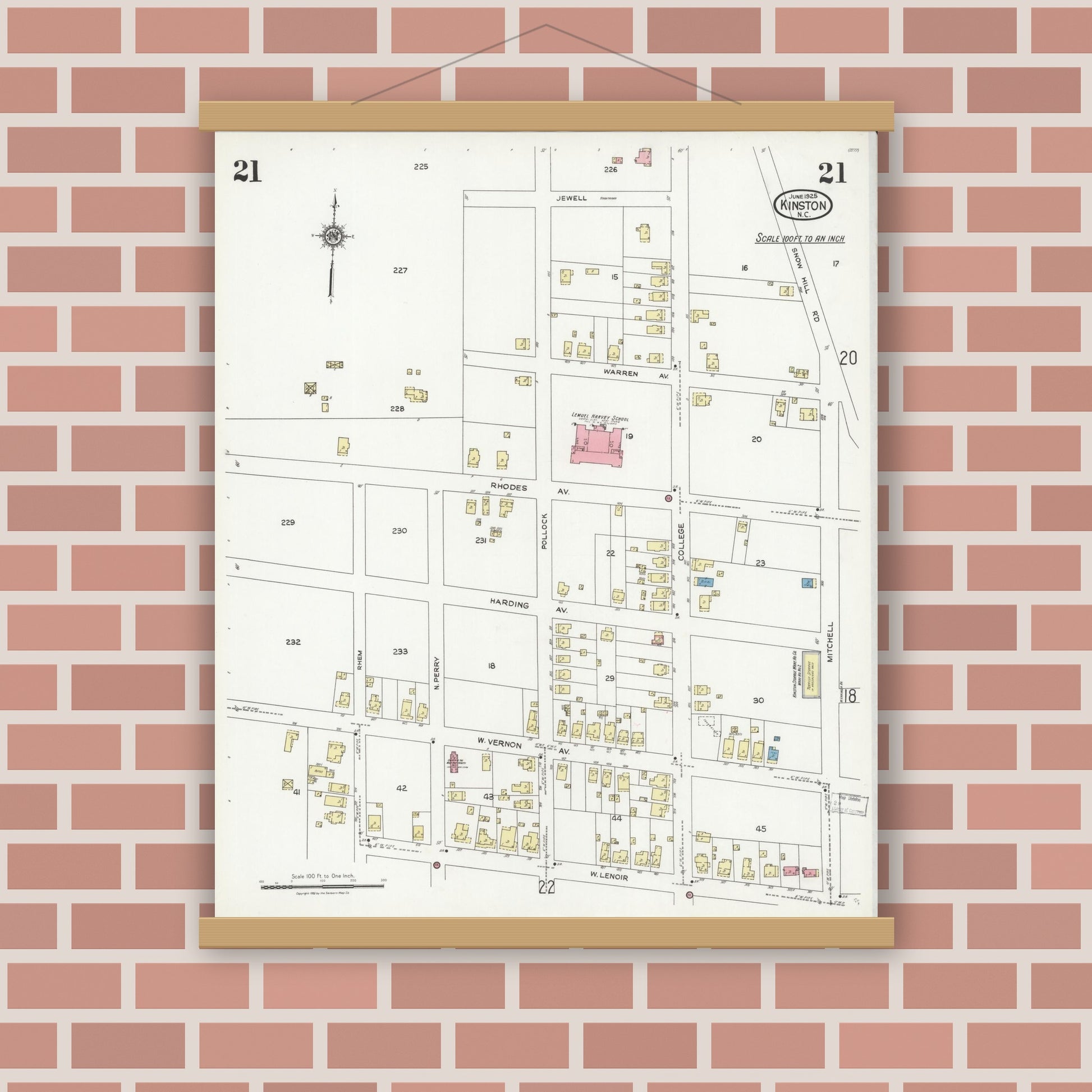 Old map wall art mockup — magnetic wood frame on brick wall — Sanborn Fire Insurance Map from Kinston, Lenoir County, North Carolina (1925), Sheet #0021