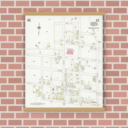Old map wall art mockup — magnetic wood frame on brick wall — Sanborn Fire Insurance Map from Kinston, Lenoir County, North Carolina (1925), Sheet #0021