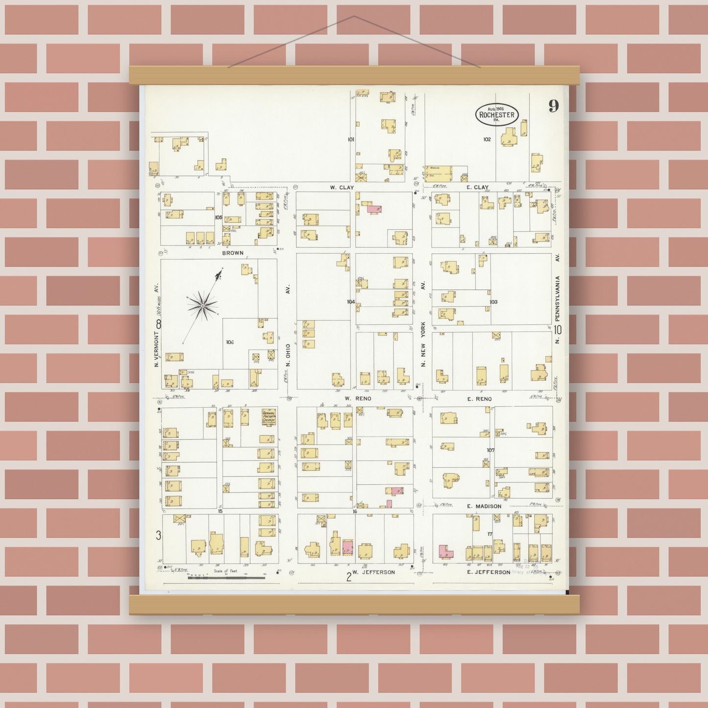 Old map wall art mockup — magnetic wood frame on brick wall — Sanborn Fire Insurance Map from Rochester, Beaver County, Pennsylvania (1908), Sheet #0009
