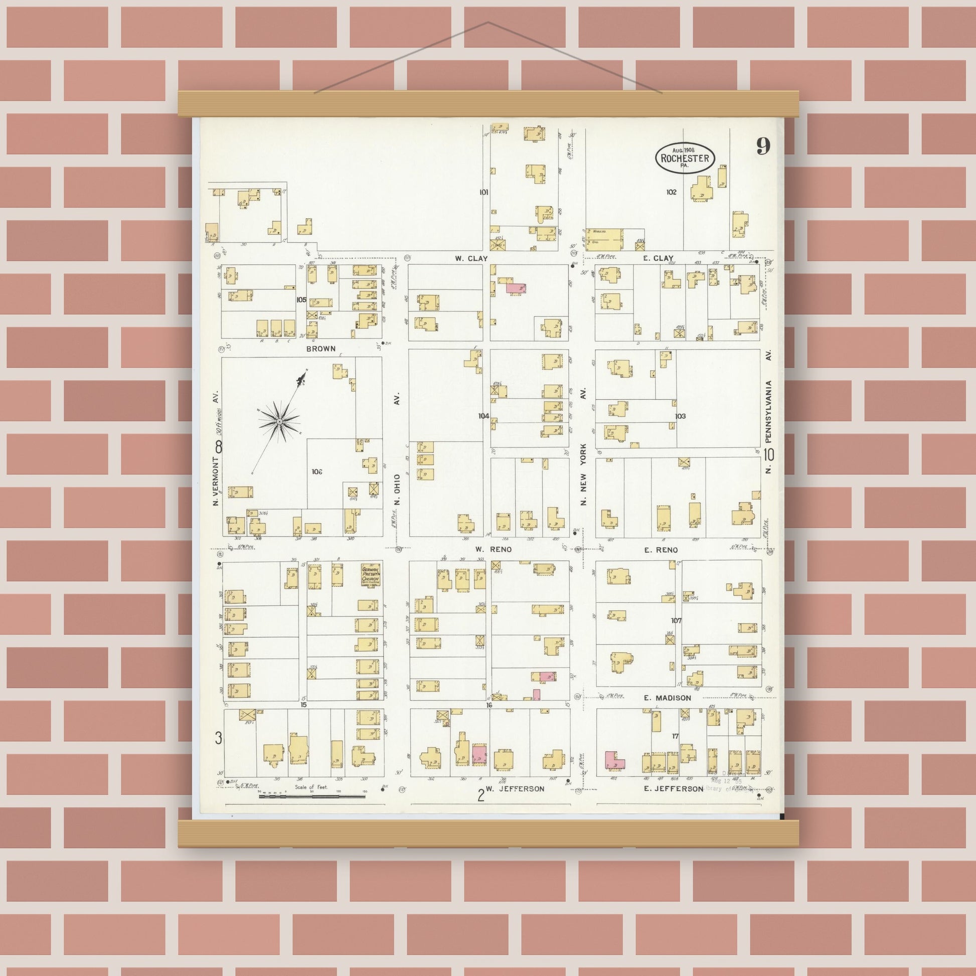 Old map wall art mockup — magnetic wood frame on brick wall — Sanborn Fire Insurance Map from Rochester, Beaver County, Pennsylvania (1908), Sheet #0009