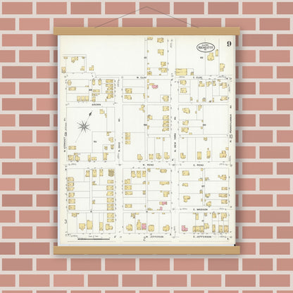 Old map wall art mockup — magnetic wood frame on brick wall — Sanborn Fire Insurance Map from Rochester, Beaver County, Pennsylvania (1908), Sheet #0009