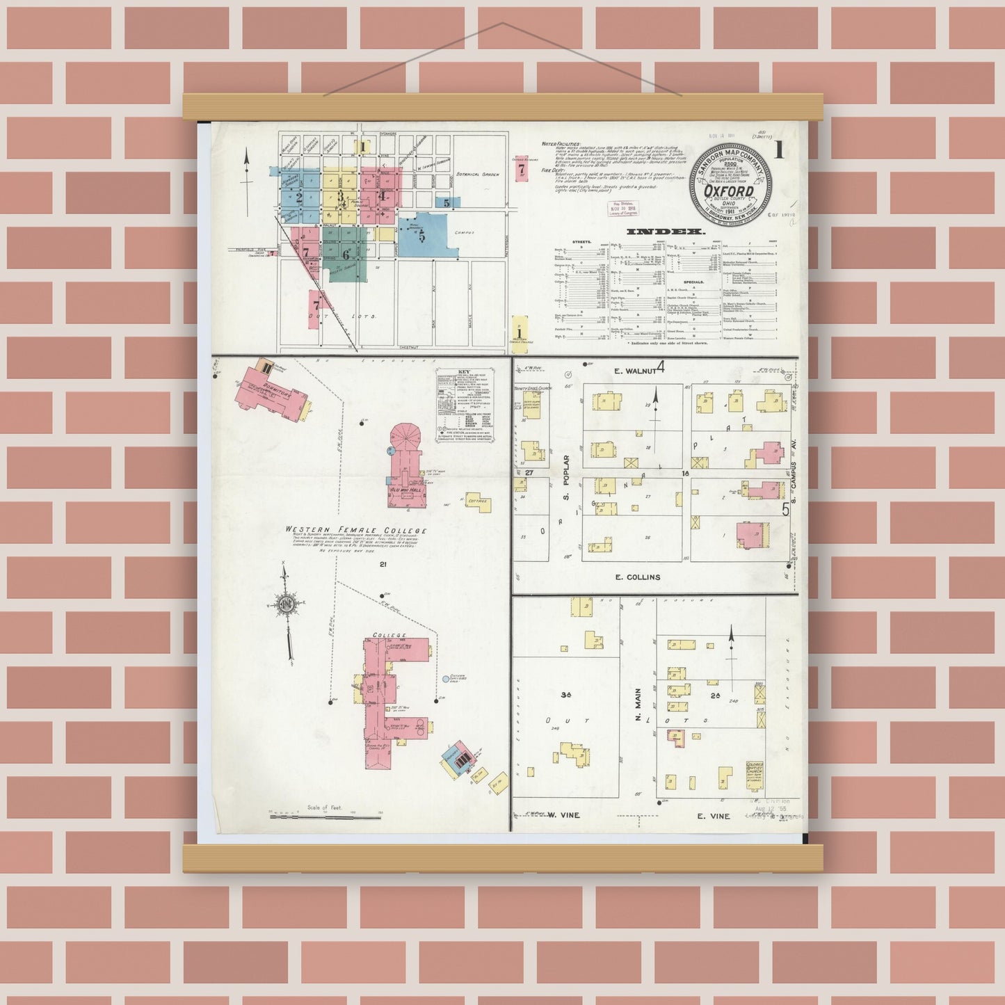 Old map wall art mockup — magnetic wood frame on brick wall — Sanborn Fire Insurance Map from Oxford, Butler County, Ohio (1911), Sheet #0001