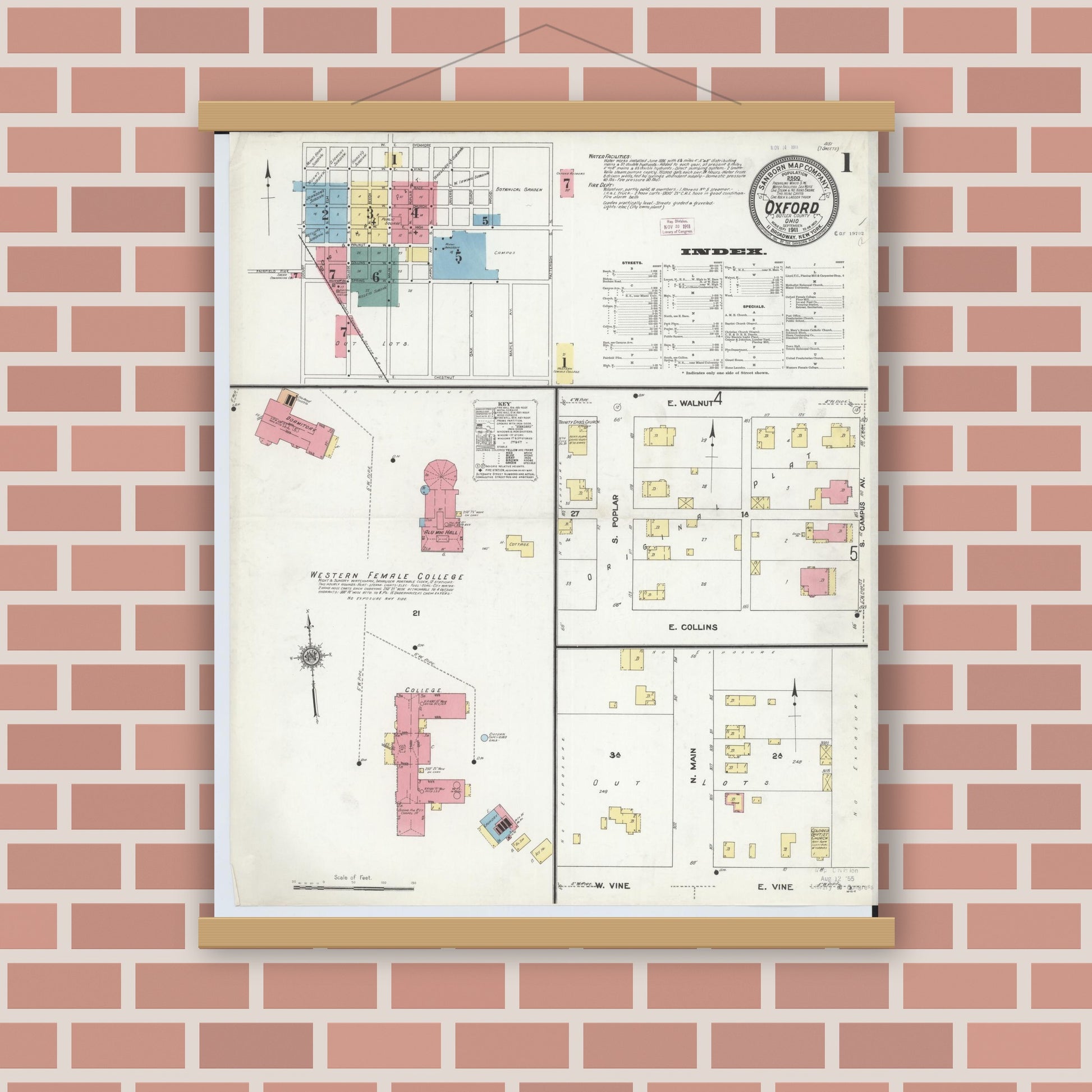 Old map wall art mockup — magnetic wood frame on brick wall — Sanborn Fire Insurance Map from Oxford, Butler County, Ohio (1911), Sheet #0001