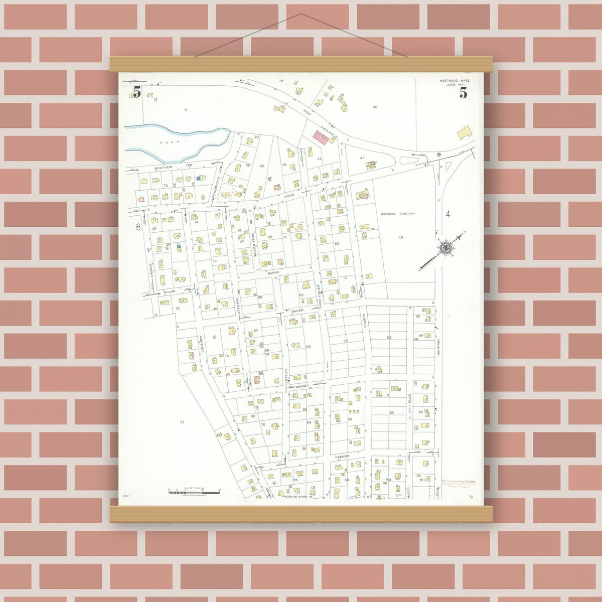 Old map wall art mockup — magnetic wood frame on brick wall — Sanborn Fire Insurance Map from Westwood, Norfolk County, Massachusetts (1941), Sheet #0005