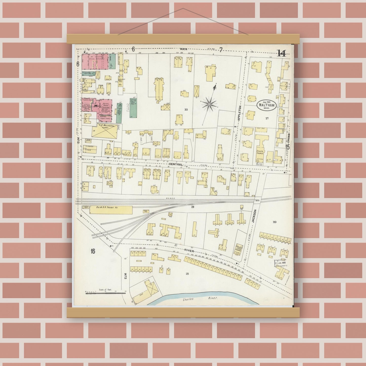 Old map wall art mockup — magnetic wood frame on brick wall — Sanborn Fire Insurance Map from Waltham, Middlesex County, Massachusetts (1903), Sheet #0014