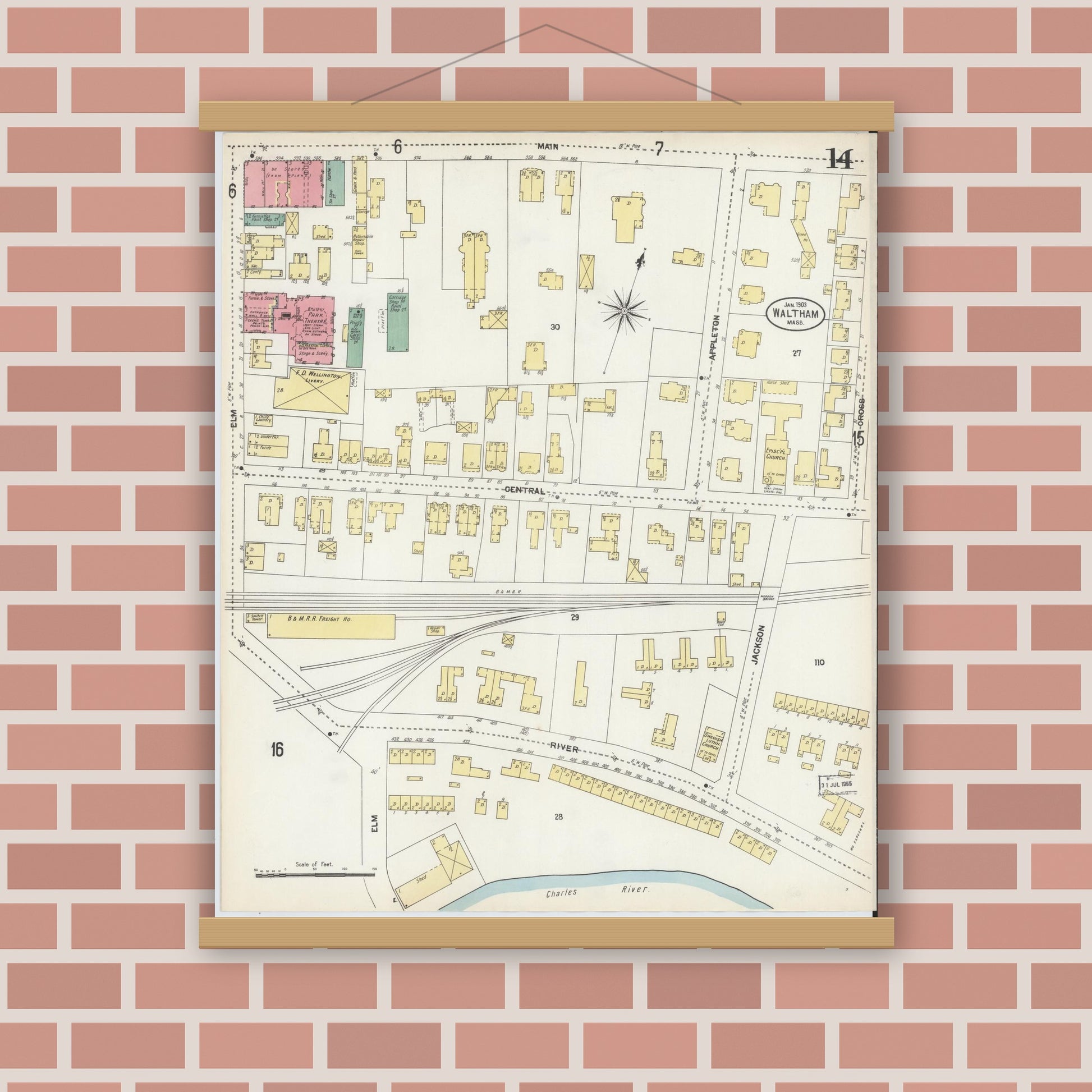 Old map wall art mockup — magnetic wood frame on brick wall — Sanborn Fire Insurance Map from Waltham, Middlesex County, Massachusetts (1903), Sheet #0014