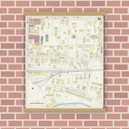 Old map wall art mockup — magnetic wood frame on brick wall — Sanborn Fire Insurance Map from Waltham, Middlesex County, Massachusetts (1903), Sheet #0014