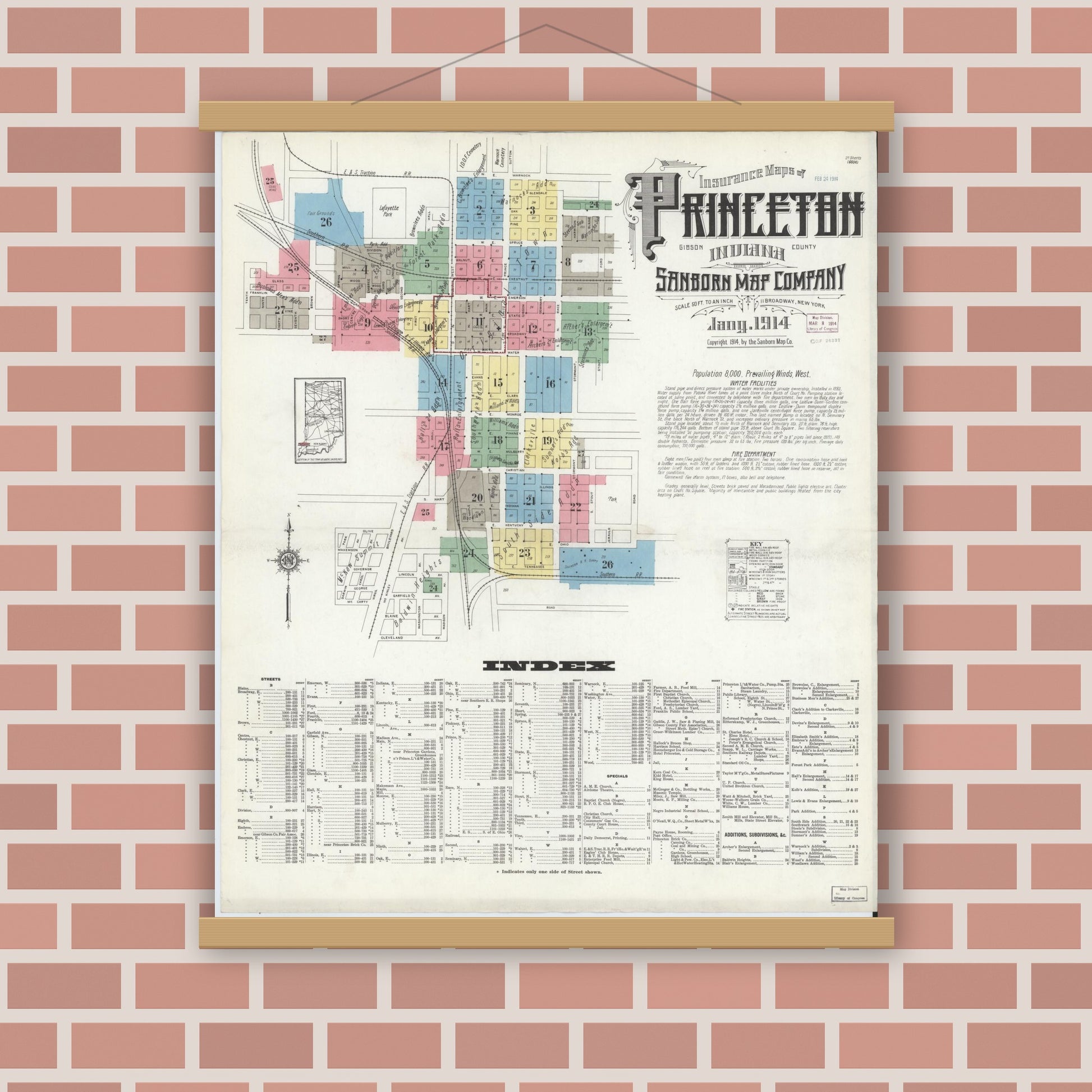 Old map wall art mockup — magnetic wood frame on brick wall — Sanborn Fire Insurance Map from Princeton, Gibson County, Indiana (1914) - Complete Map Set