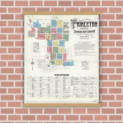 Old map wall art mockup — magnetic wood frame on brick wall — Sanborn Fire Insurance Map from Princeton, Gibson County, Indiana (1914) - Complete Map Set