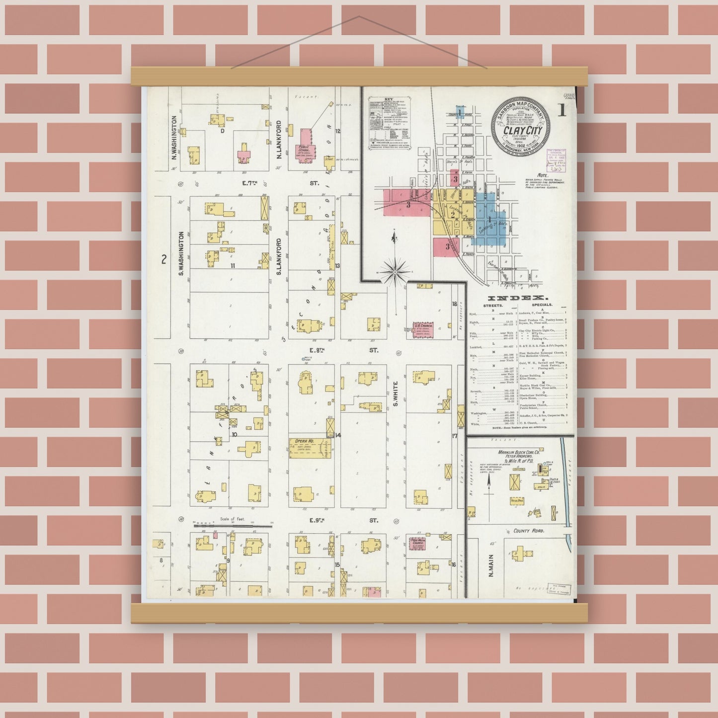Old map wall art mockup — magnetic wood frame on brick wall — Sanborn Fire Insurance Map from Clay City, Clay County, Indiana (1902) - Complete Map Set