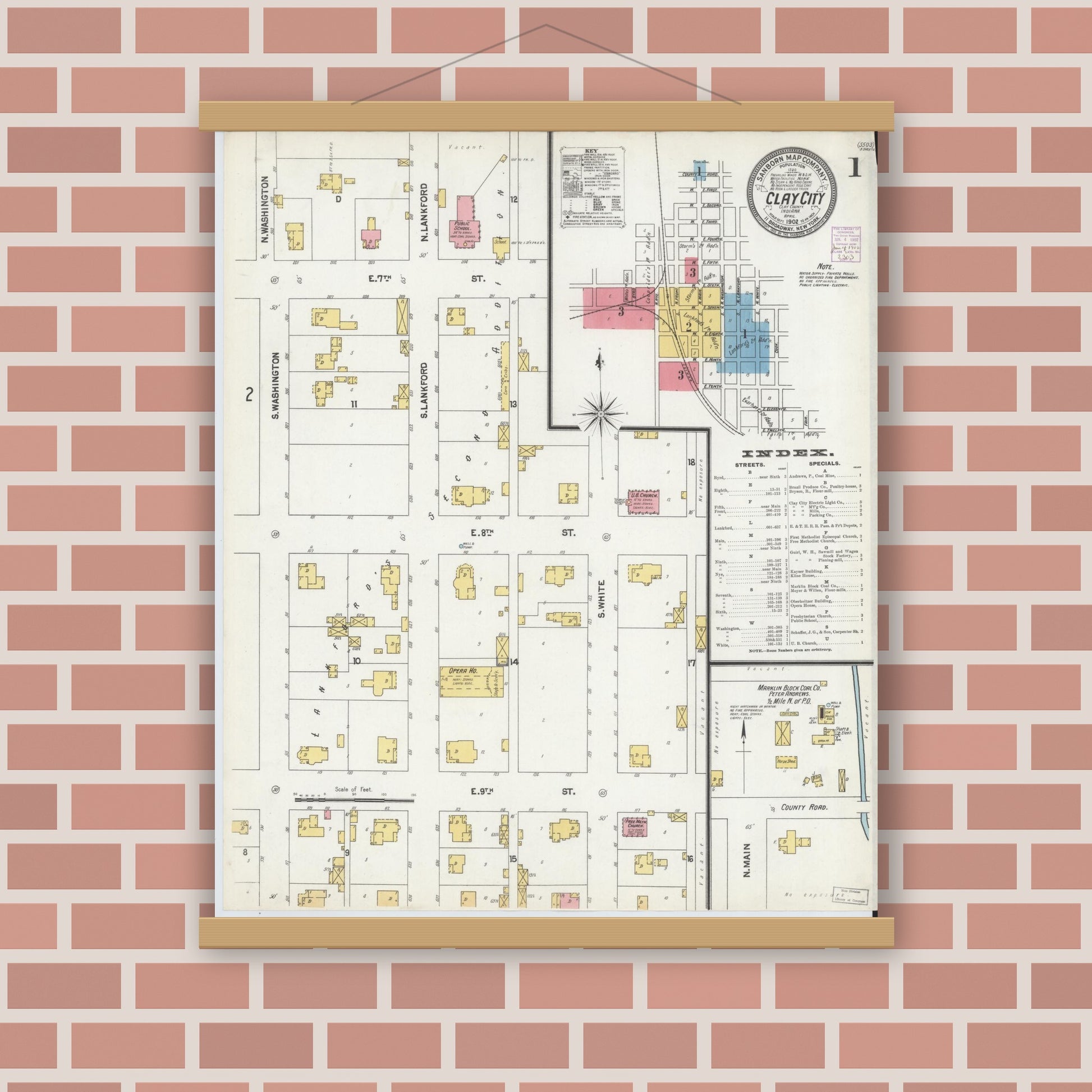Old map wall art mockup — magnetic wood frame on brick wall — Sanborn Fire Insurance Map from Clay City, Clay County, Indiana (1902) - Complete Map Set
