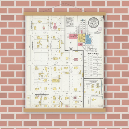 Old map wall art mockup — magnetic wood frame on brick wall — Sanborn Fire Insurance Map from Clay City, Clay County, Indiana (1902) - Complete Map Set