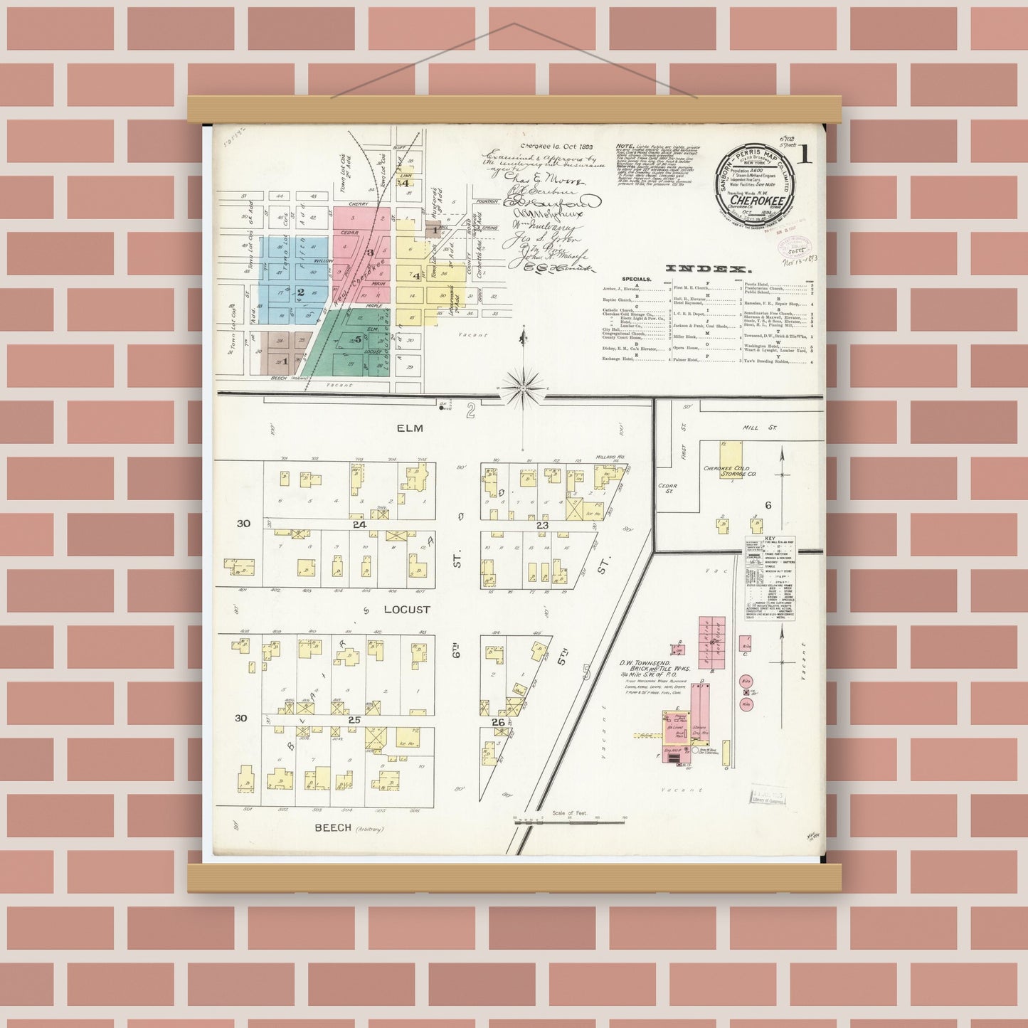 Old map wall art mockup — magnetic wood frame on brick wall — Sanborn Fire Insurance Map from Cherokee, Cherokee County, Iowa (1893) â€” Complete Set
