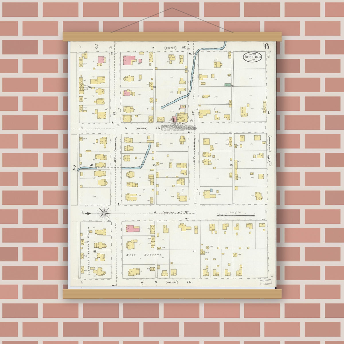 Old map wall art mockup — magnetic wood frame on brick wall — Sanborn Fire Insurance Map from Bedford, Lawrence County, Indiana (1898), Sheet #0006