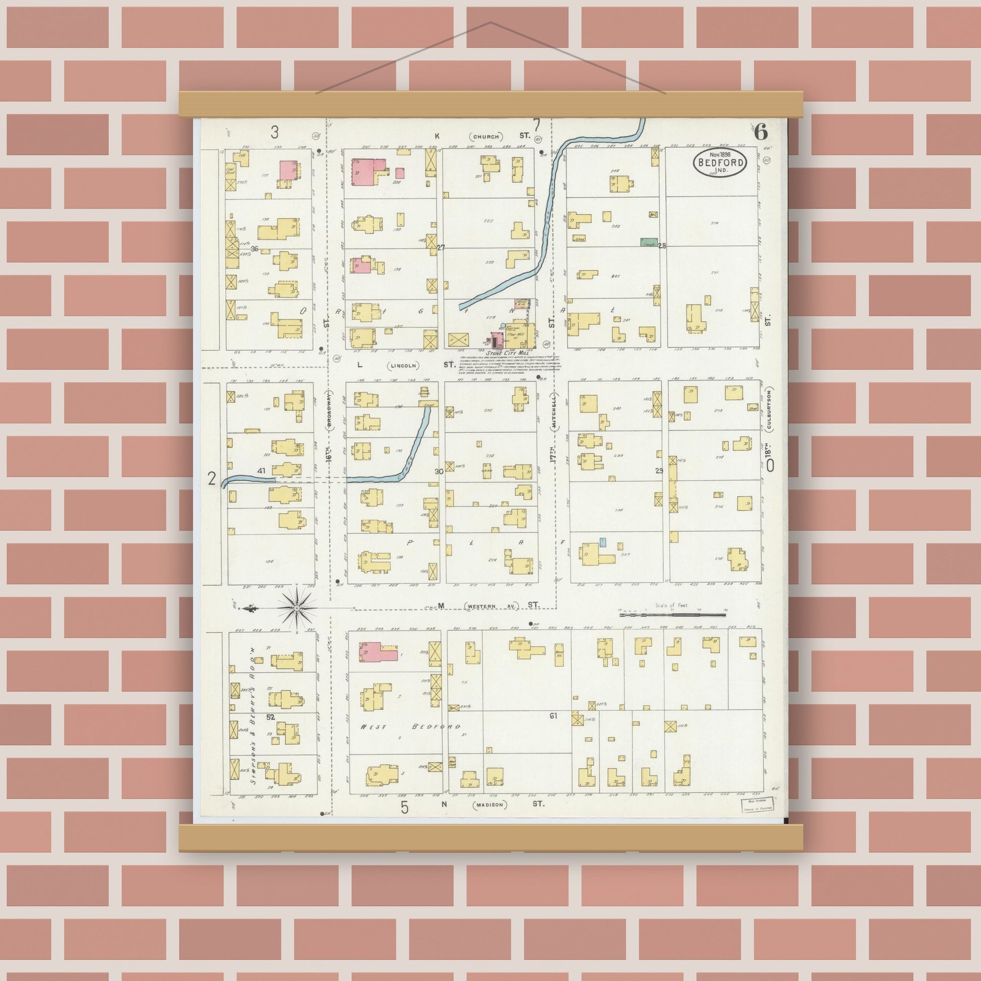 Old map wall art mockup — magnetic wood frame on brick wall — Sanborn Fire Insurance Map from Bedford, Lawrence County, Indiana (1898), Sheet #0006