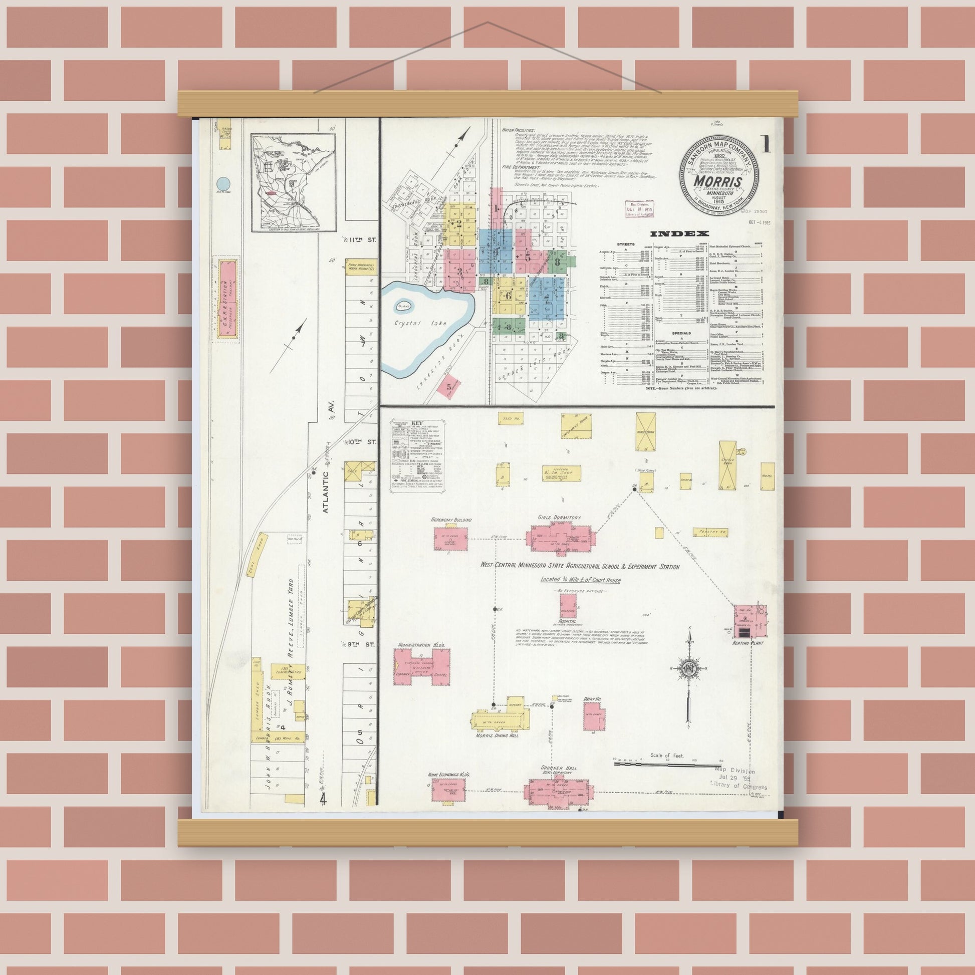 Old map wall art mockup — magnetic wood frame on brick wall — Sanborn Fire Insurance Map from Morris, Stevens County, Minnesota (1915), Sheet #0001