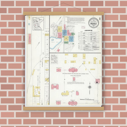 Old map wall art mockup — magnetic wood frame on brick wall — Sanborn Fire Insurance Map from Morris, Stevens County, Minnesota (1915), Sheet #0001
