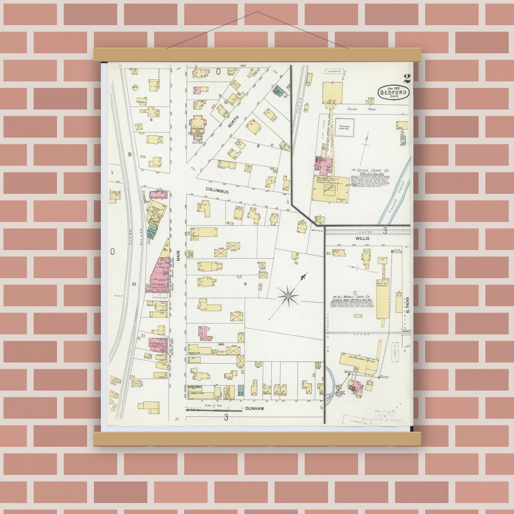 Old map wall art mockup — magnetic wood frame on brick wall — Sanborn Fire Insurance Map from Bedford, Cuyahoga County, Ohio (1902), Sheet #0002