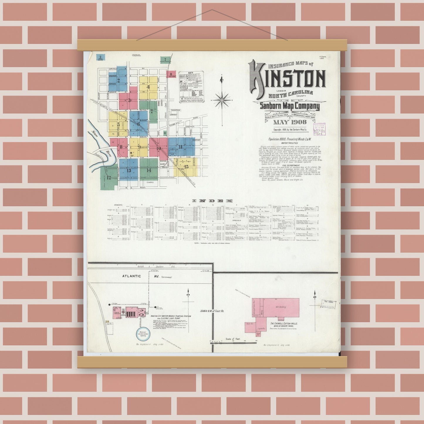 Old map wall art mockup — magnetic wood frame on brick wall — Sanborn Fire Insurance Map from Kinston, Lenoir County, North Carolina (1908), Sheet #0001