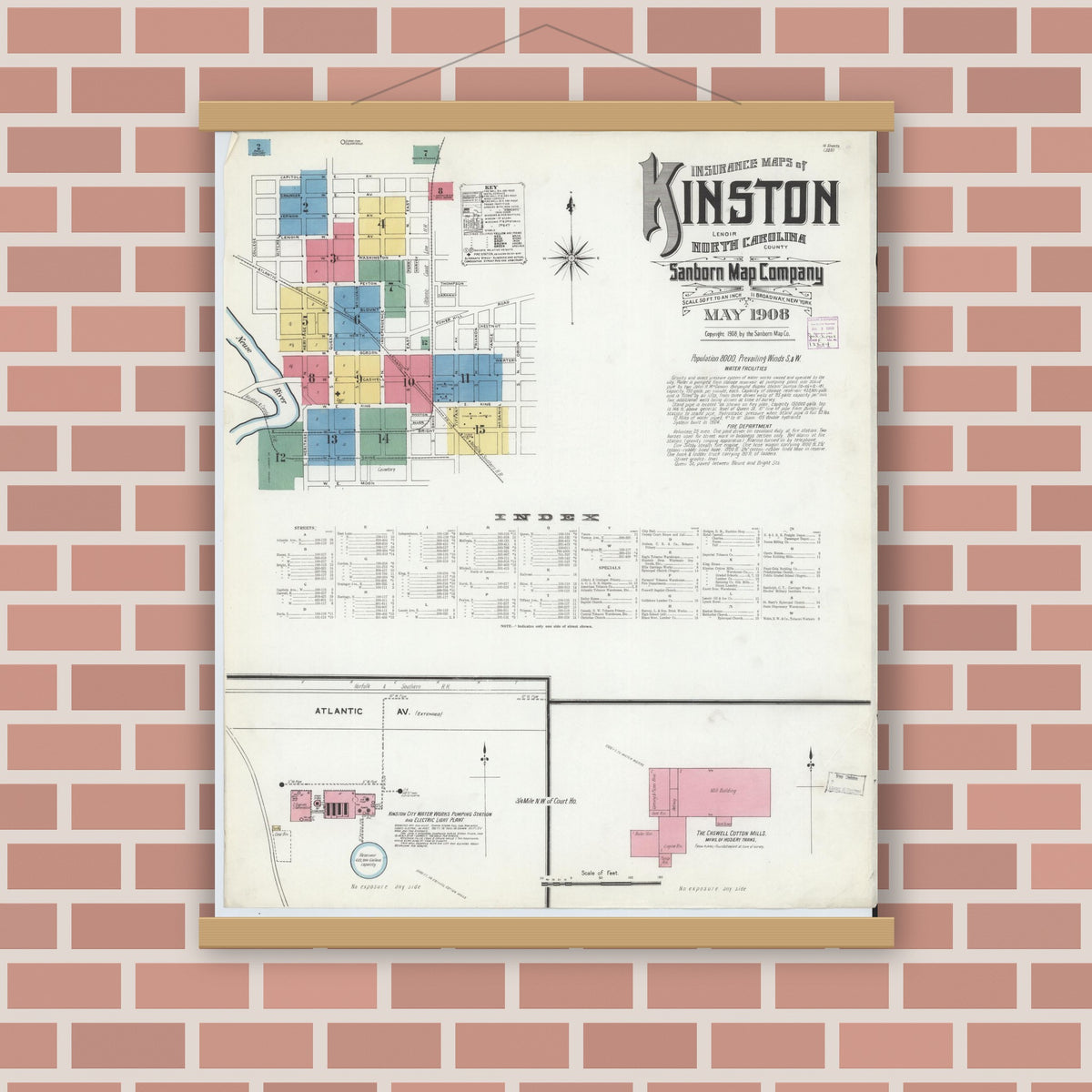 Old map wall art mockup — magnetic wood frame on brick wall — Sanborn Fire Insurance Map from Kinston, Lenoir County, North Carolina (1908), Sheet #0001