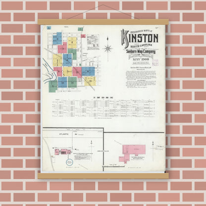 Old map wall art mockup — magnetic wood frame on brick wall — Sanborn Fire Insurance Map from Kinston, Lenoir County, North Carolina (1908), Sheet #0001