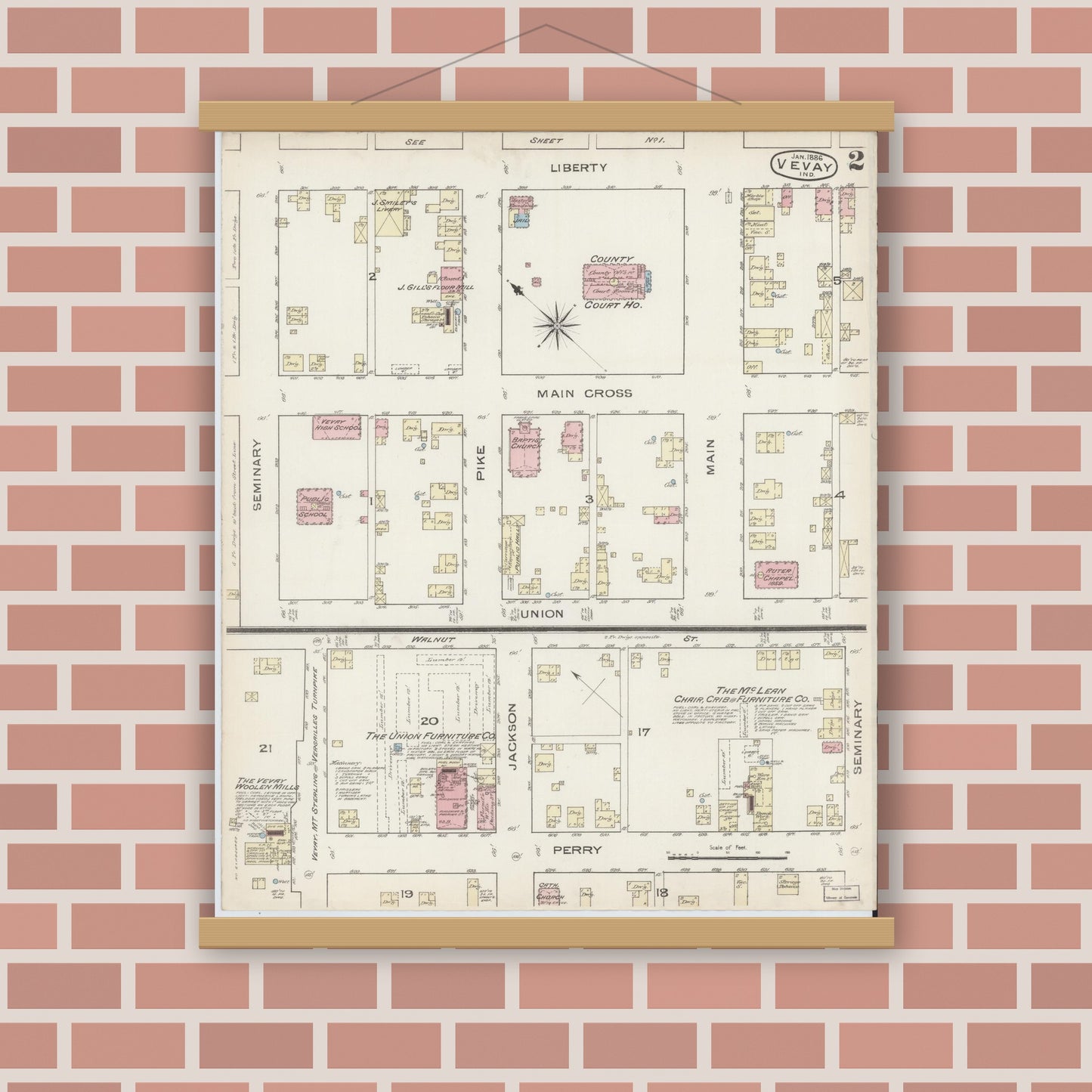 Old map wall art mockup — magnetic wood frame on brick wall — Sanborn Fire Insurance Map from Vevay, Switzerland County, Indiana (1886), Sheet #0002
