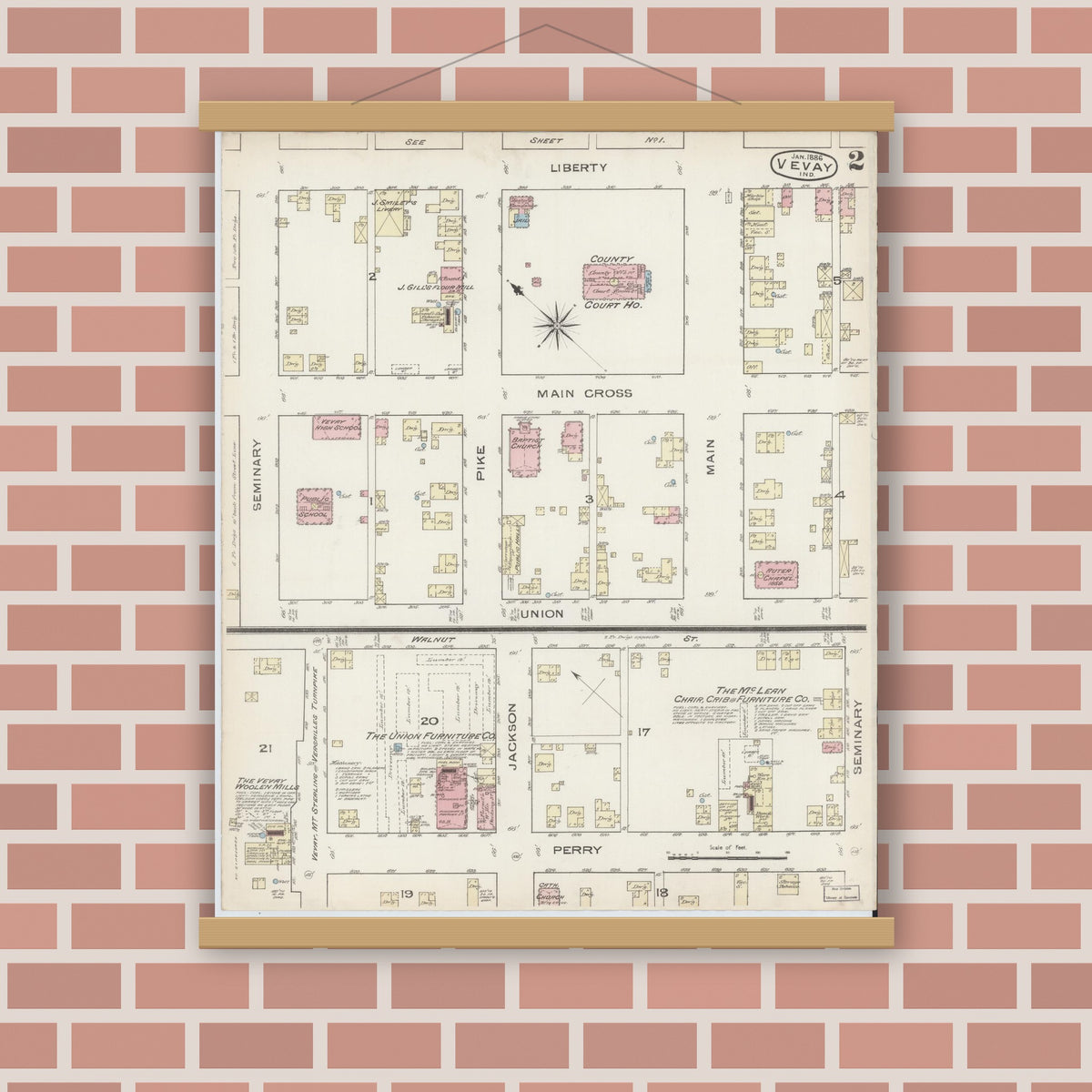 Old map wall art mockup — magnetic wood frame on brick wall — Sanborn Fire Insurance Map from Vevay, Switzerland County, Indiana (1886), Sheet #0002