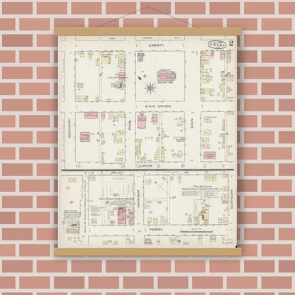 Old map wall art mockup — magnetic wood frame on brick wall — Sanborn Fire Insurance Map from Vevay, Switzerland County, Indiana (1886), Sheet #0002
