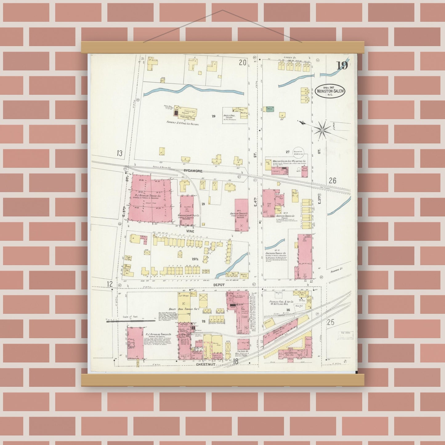 Old map wall art mockup — magnetic wood frame on brick wall — Sanborn Fire Insurance Map from Winston-Salem, Forsyth County, North Carolina (1907), Sheet #0019