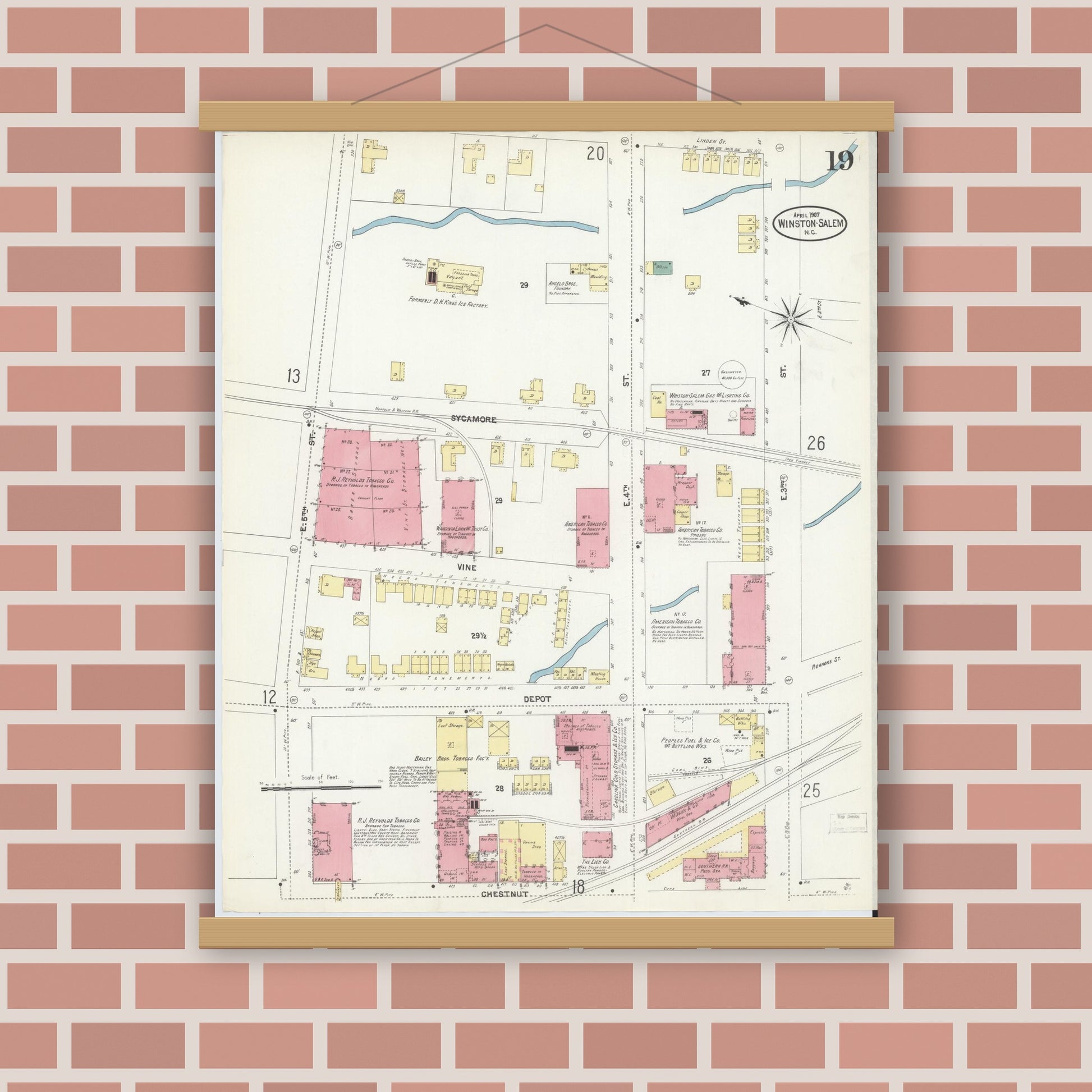 Old map wall art mockup — magnetic wood frame on brick wall — Sanborn Fire Insurance Map from Winston-Salem, Forsyth County, North Carolina (1907), Sheet #0019